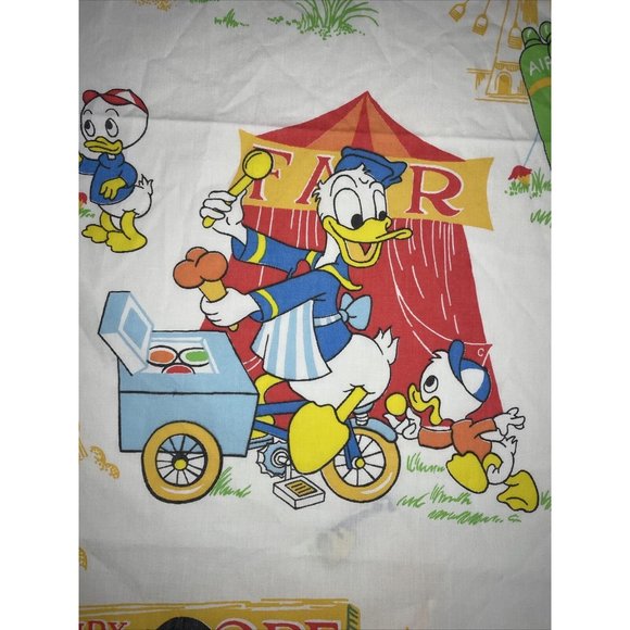 Vintage Disney Carnival TWIN SHEET SET Mickey Donald Goofy Minnie Fair Circus - Picture 3 of 9